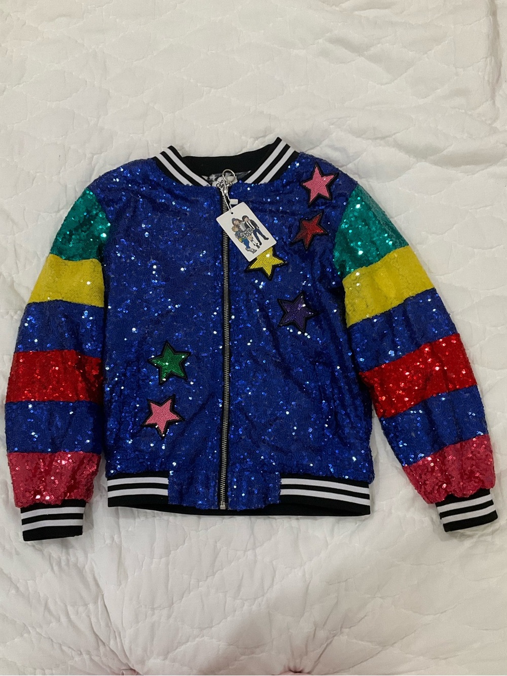 Lola + The Boys Blue Sequin Rainbow Star Bomber Jacket